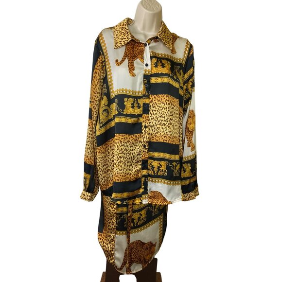 Leopard Print Satin Shirt & Skirt Set US 10‎ Tall Baroque Luxury Glamour Mobwife - Picture 2 of 16